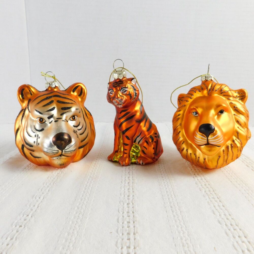 Tiger Lion Christmas Ornaments Lot of 3 Vintage Glass Hand Painted 3.5" Holiday
